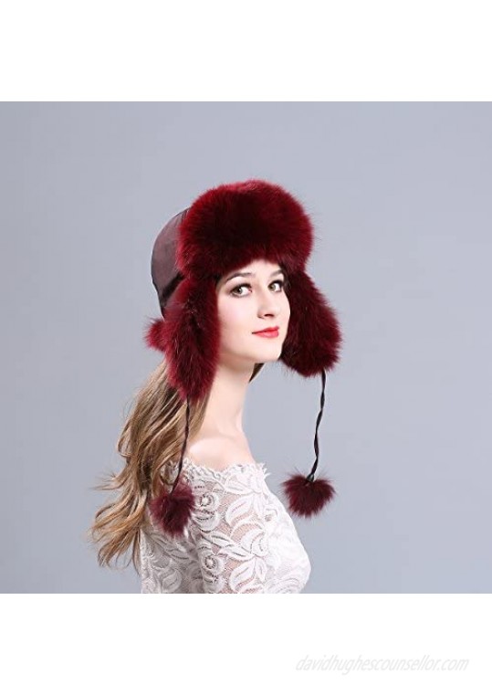 LITHER Women's Winter Aviator Trapper Hat Genuine Fox Raccoon Fur Russian Ushanka Hat