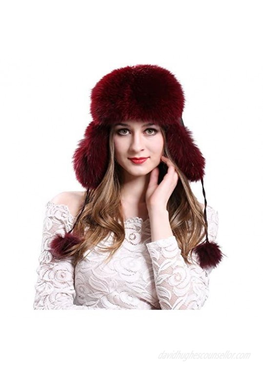 LITHER Women's Winter Aviator Trapper Hat Genuine Fox Raccoon Fur Russian Ushanka Hat