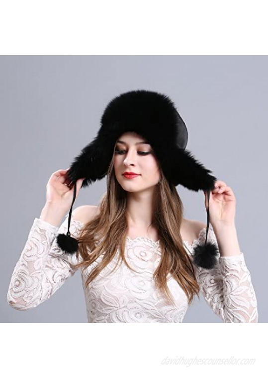 LITHER Women's Winter Trapper Hat Genuine Fox Fur Russian Ushanka Hat Black