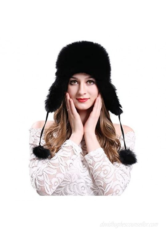 LITHER Women's Winter Trapper Hat Genuine Fox Fur Russian Ushanka Hat Black