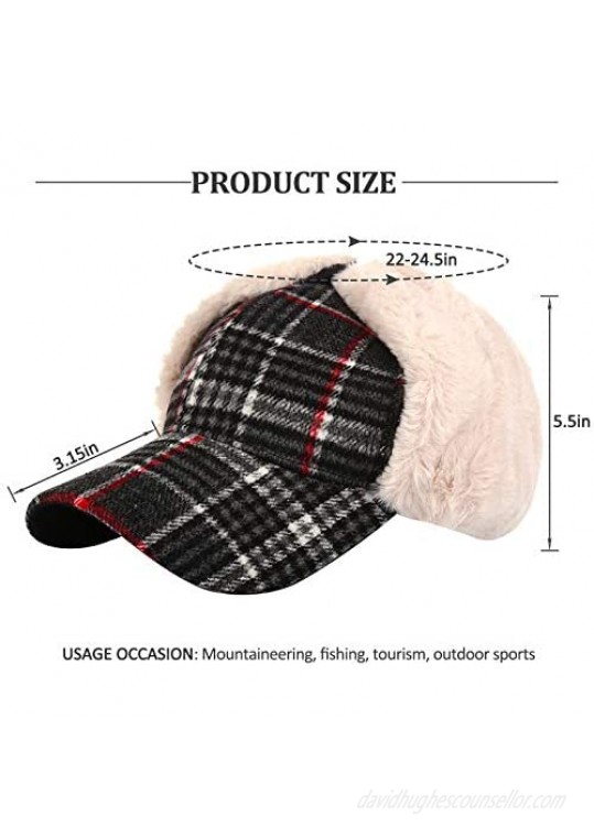 Regilt Unisex Winter Baseball Cap with Faux Fur Brim Earflaps Hat Warm Plaid Ski Trapper Hunting Hat for Men & Women