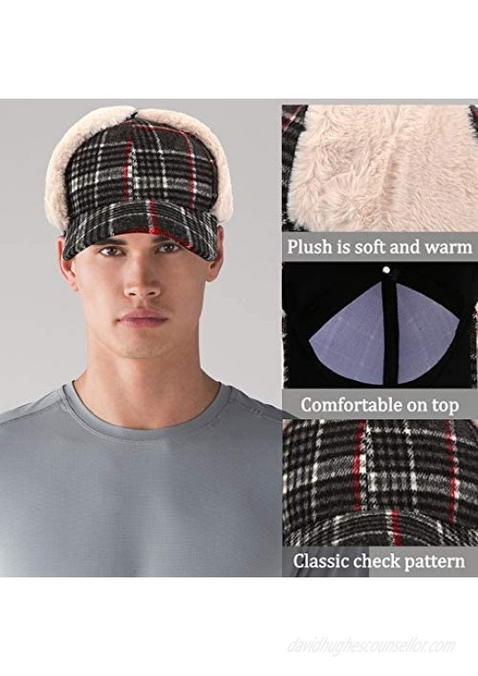 Regilt Unisex Winter Baseball Cap with Faux Fur Brim Earflaps Hat Warm Plaid Ski Trapper Hunting Hat for Men & Women