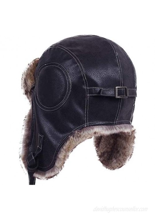 Russian Trapper Soviet Ushanka Bomber Hat - Leather Earflap Fur Lined Winter Cap for Men Women