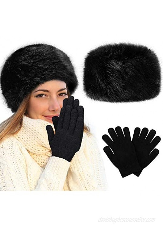 SATINIOR Women's Winter Faux Fur Hat Cossack Russian Style Warm Hat with Wool Gloves