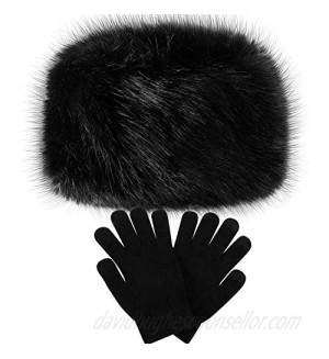 SATINIOR Women's Winter Faux Fur Hat Cossack Russian Style Warm Hat with Wool Gloves