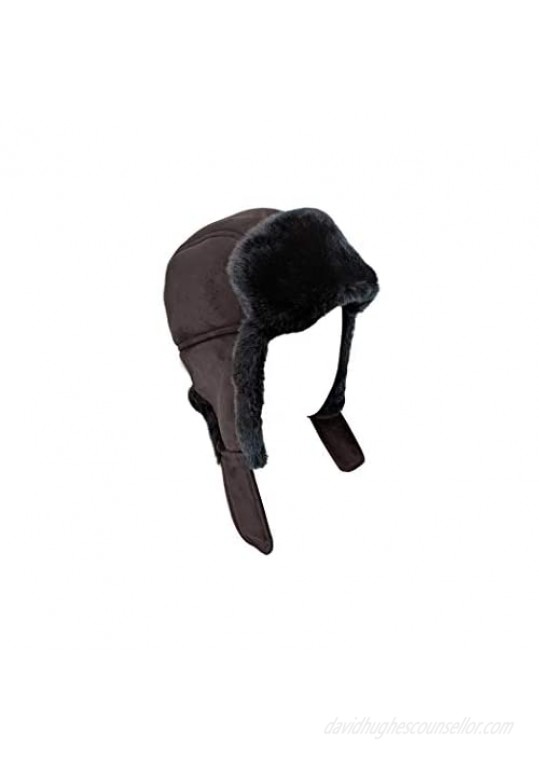 surell Genuine Trapper Faux Fur Aviator Hat - Warm Bomber Trooper Hat - Perfect Winter Luxury Gift (Black)