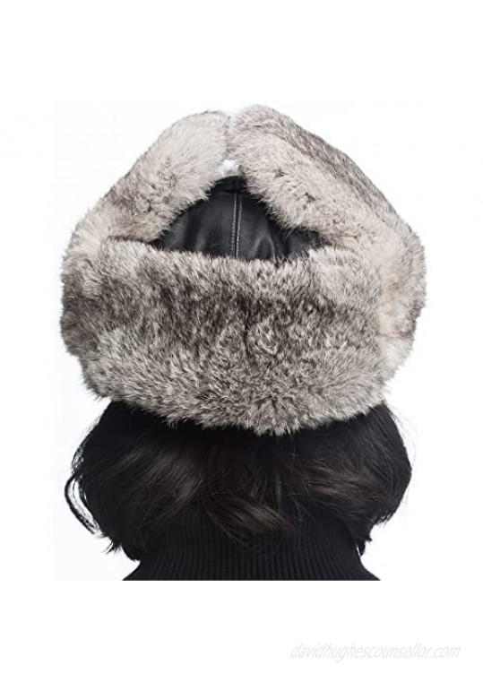 URSFUR Black Leather Rabbit Fur Aviator Hat
