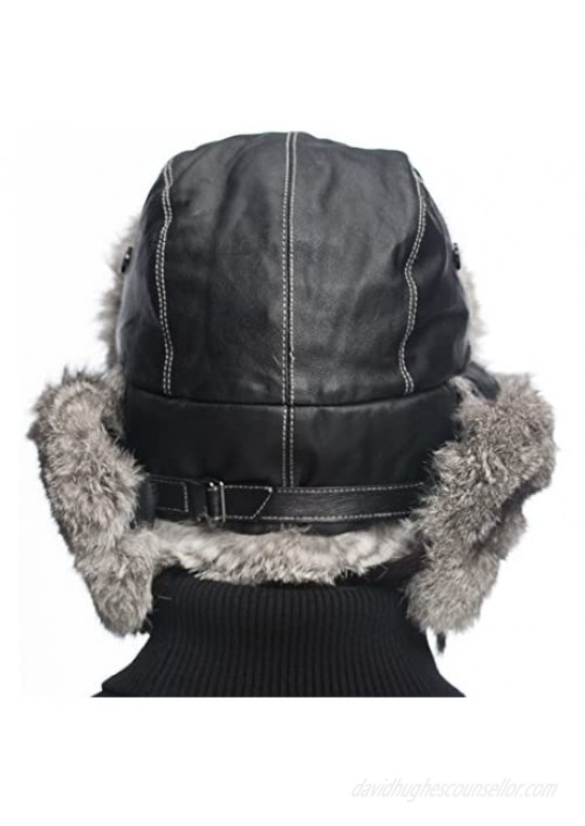 URSFUR Black Leather Rabbit Fur Aviator Hat