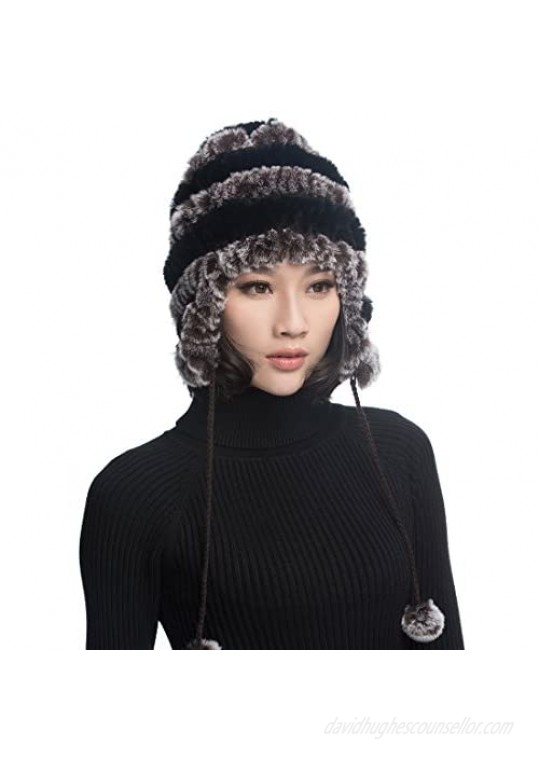 URSFUR Women's Rex Rabbit Fur Hats Winter Ear Cap Flexible Multicolor