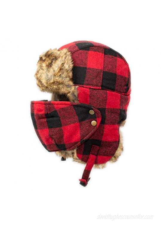Warm Wool Buffalo Plaid Bomber Trapper Hat with Detachable Washable Windproof Face Mask