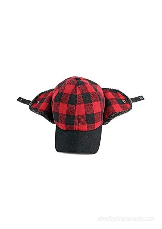 ZffXH Winter Trapper Hat Baseball Cap Thick Buffalo Plaid fold Sherpa Earflaps Warm Red X-Large