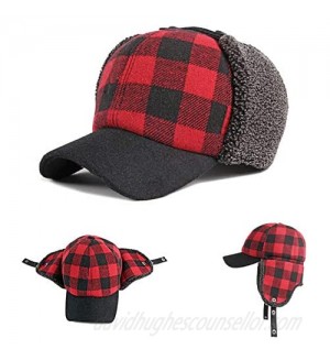 ZffXH Winter Trapper Hat Baseball Cap Thick Buffalo Plaid fold Sherpa Earflaps Warm Red  X-Large