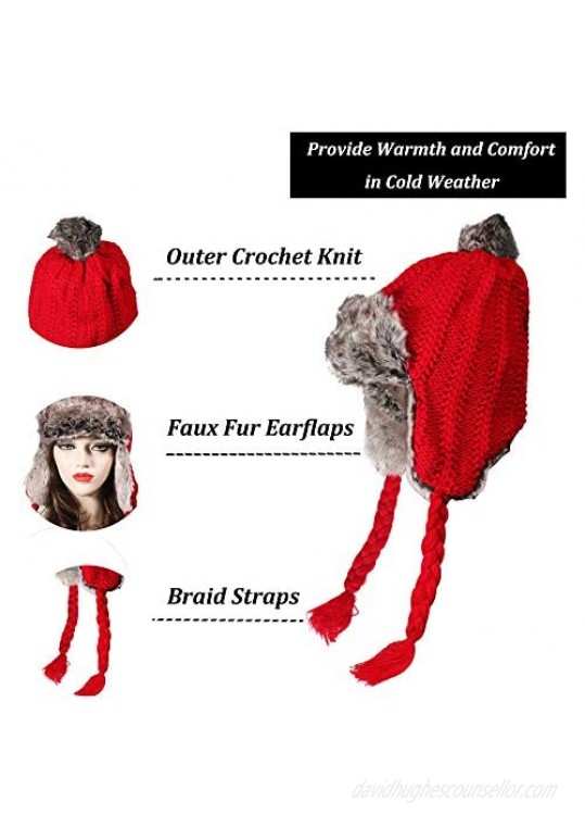 ZLYC Women Knit Earflap Trapper Hat Winter Faux Fur Bomber Ski Cap