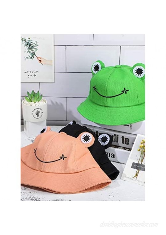 3 Pieces Cute Frog Bucket Hat Fisherman Sun Bucket Hat Wide Brim Beach Summer Hat for Women Teens Girls