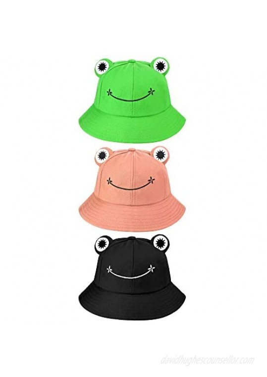 3 Pieces Cute Frog Bucket Hat Fisherman Sun Bucket Hat Wide Brim Beach Summer Hat for Women Teens Girls