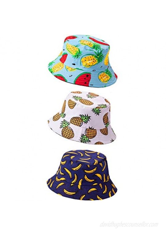 3 Pieces Unisex Fruits Print Bucket Hat Summer Fisherman Cap Reversible Outdoor Sun Hat