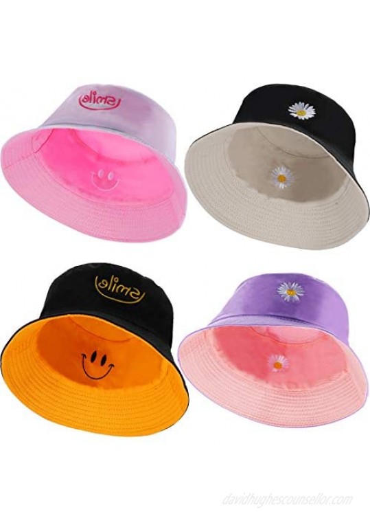 4 Pieces Flower Smile Reversible Bucket Hats Summer Travel Bucket Summer Embroidery Beach Sun Hats for Women Teens Boys Girls