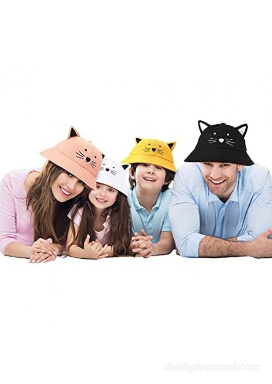4 Pieces Foldable Widen Brim Cute Cat Bucket Hat Fisherman Beach Festival Sun Protective Hat for Adults Kids
