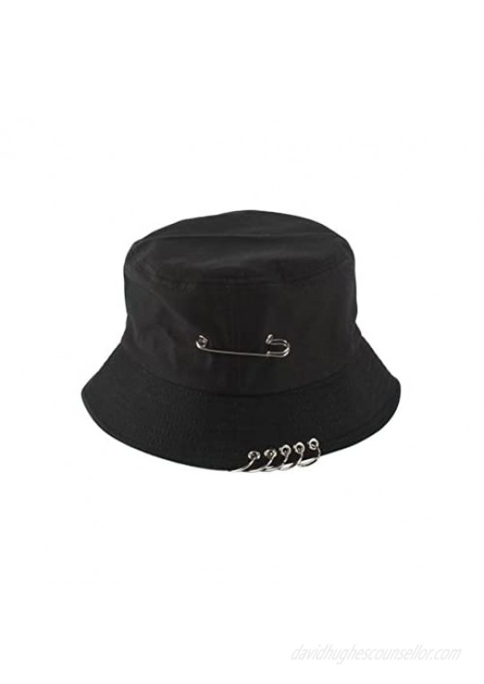 Chic Unisex Bucket Hat Sunhat Bonnie Caps Summer Packable with Pin Piercing Decorations (Black)