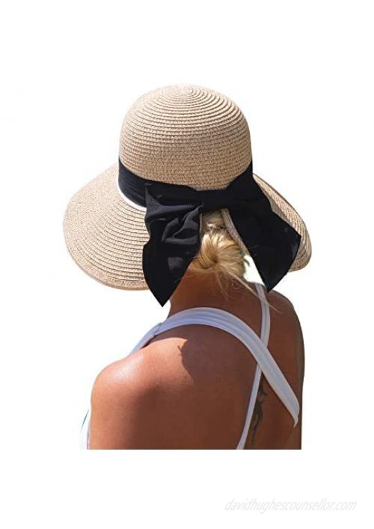 Comhats Womens Floppy Summer Sun Beach Straw Hat UPF50 Foldable Wide Brim 55-60cm