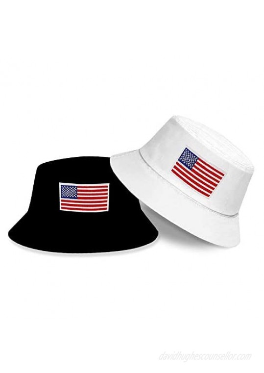 DYJKOUG American Flag Bucket Hat  2 Pack Embroidered Bucket Hat  Summer Travel Beach Sun Hat  Outdoor Visor Hat for Men and Women Black White
