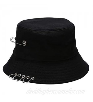 Five Ring &Safety Pin Decor 100% Cotton Bucket Hat Packable Beach Sun Hat for Womens Men