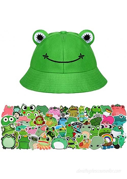 Frog Bucket Hat with 50 Pieces Frog Stickers for Kids Adults  Summer Cute Frog Hat Outdoor Foldable Wide Brim Fisherman Hat Fishing Beach Sun Hat for Women Men
