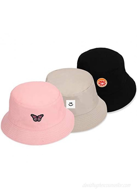 MEINICY 3 Pack Cotton Reversible Bucket Hat Summer Sun Protection Hat Foldable Fisherman-Cap for Women