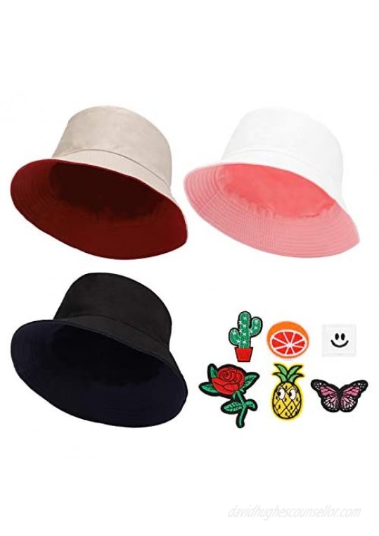 MEINICY 3 Pack Cotton Reversible Bucket Hat  Summer Sun Protection Hat  Foldable Fisherman-Cap for Women