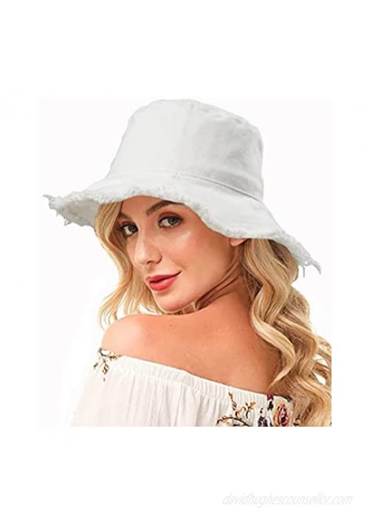 Women-Distressed-Bucket Hat Denim Wide-Brim Beach Packable Sun Hat