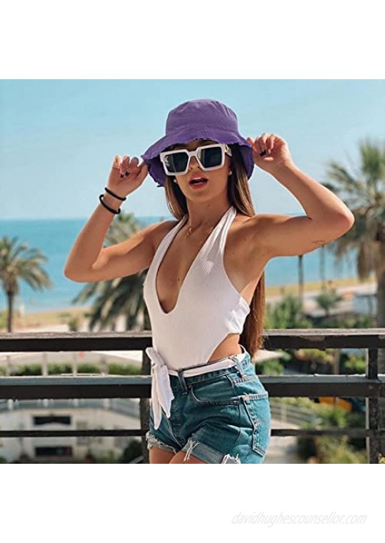XSKJY Frayed Bucket Hat Distressed Sun Protection Washed Cotton Summer Wide Brim Beach Bucket Hat Vacation Travel Accessories