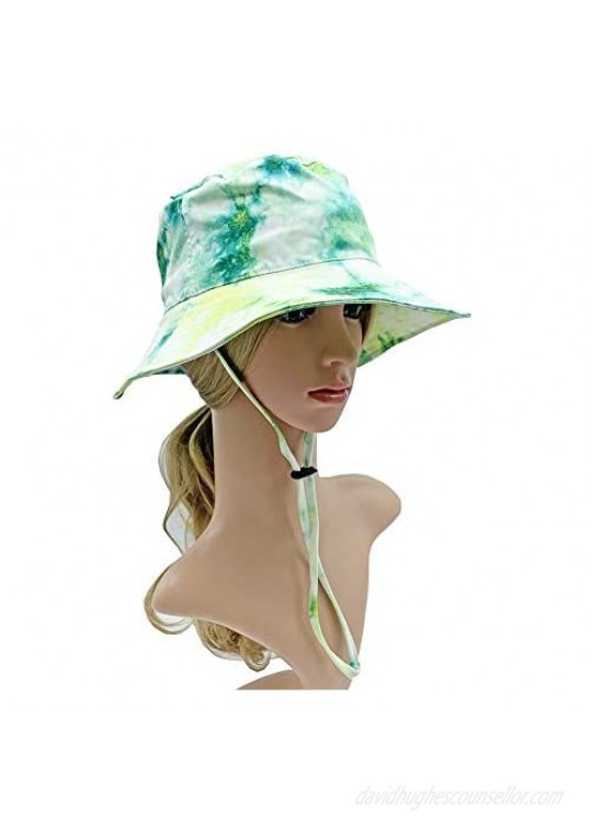 Yakina Tie Dye Bucket Hat with Strings Casual Waterproof Summer Beach Hat for Women Wide Brim Fishing Hats for Men