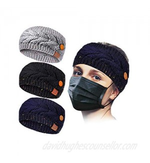 3 Pieces Winter Knit Ear Warmer Headband with Button Crochet Wide Elastic Head Wrap Ear Muffs for Women Girls