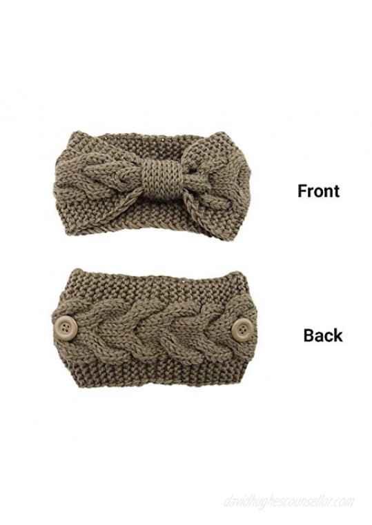 4 Pack Winter Button Headband Knitted Bowknot Ear Warmer Head Warmer Head Wrap Hair Bands for Women (Khaki Black Beige Grey)
