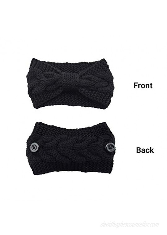 4 Pack Winter Button Headband Knitted Bowknot Ear Warmer Head Warmer Head Wrap Hair Bands for Women (Khaki Black Beige Grey)