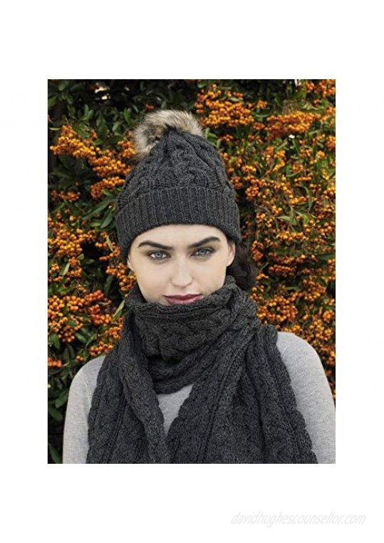 Aran Crafts Women's Irish Cable Knitted Soft Pom Faux Fur Hat (100% Merino Wool)