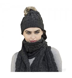 Aran Crafts Women's Irish Cable Knitted Soft Pom Faux Fur Hat (100% Merino Wool)