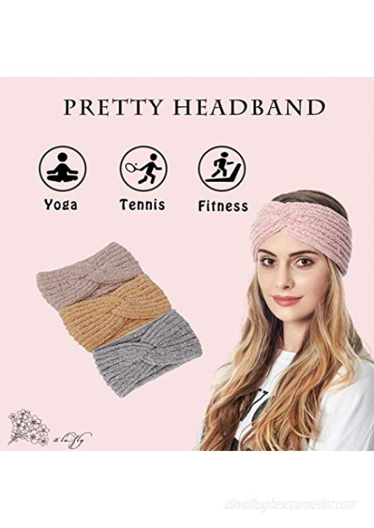 Blufly Cable Knitted Headband Twist Knot Ear Warmer Hair Wraps Warm Crochet Headband Pink Criss Cross Hairband Earmuffs Head Wraps Winter Cold Weather Headbands for Women and Girls(Pack of 3)