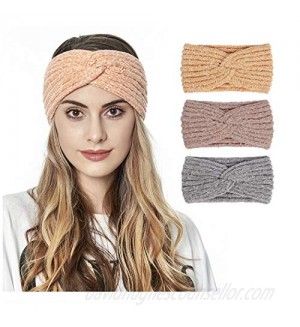 Blufly Cable Knitted Headband Twist Knot Ear Warmer Hair Wraps Warm Crochet Headband Pink Criss Cross Hairband Earmuffs Head Wraps Winter Cold Weather Headbands for Women and Girls(Pack of 3)
