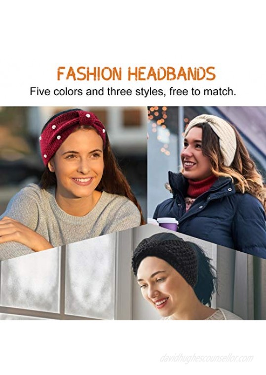 CIEHER Winter Headbands for Women Crochet Turban Headbands for Women Stretch Knit Wide Headbands Winter Ear Warmer Thick Head Band Head Warmer for Women Soft Vintage Bow Hairband with Pearl