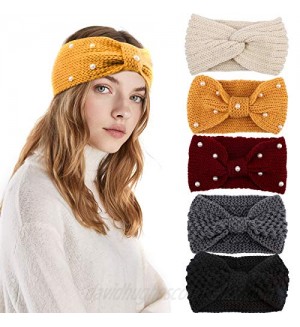 CIEHER Winter Headbands for Women Crochet Turban Headbands for Women  Stretch Knit Wide Headbands Winter Ear Warmer Thick Head Band Head Warmer for Women Soft Vintage Bow Hairband with Pearl