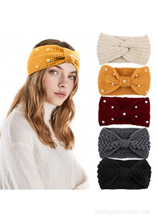 CIEHER Winter Headbands for Women Crochet Turban Headbands for Women  Stretch Knit Wide Headbands Winter Ear Warmer Thick Head Band Head Warmer for Women Soft Vintage Bow Hairband with Pearl