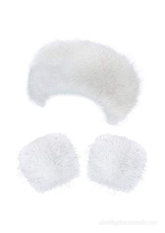Faux Fur Headband Wrist Cuffs Set Include Furry Head Wrap Wrist Warmer for Women's Winter Warm Accessories