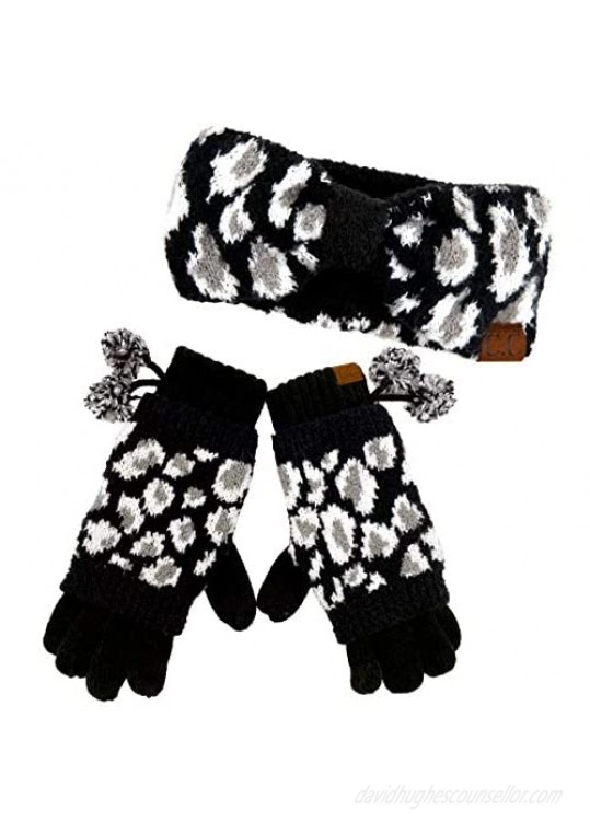Funky Junque Womens Knit Leopard Print Faux Fur Pom and Cuff Beanies and Scarves