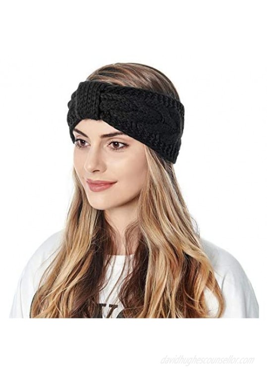 Muryobao Women Winter Warm Ear Warmer Headband Cable Knit Fuzzy Fleece Lined Head Wrap Stretchy Thick Headband 2 Pack