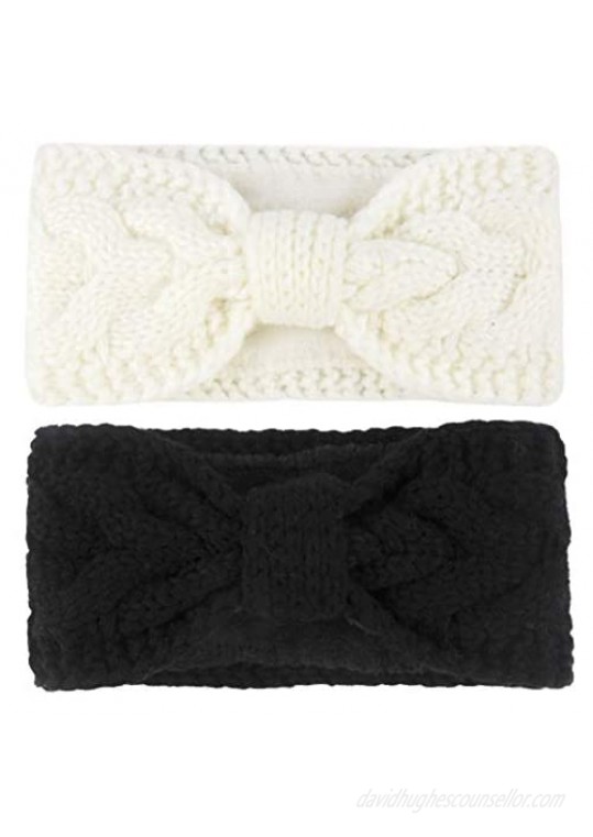 Muryobao Women Winter Warm Ear Warmer Headband Cable Knit Fuzzy Fleece Lined Head Wrap Stretchy Thick Headband 2 Pack