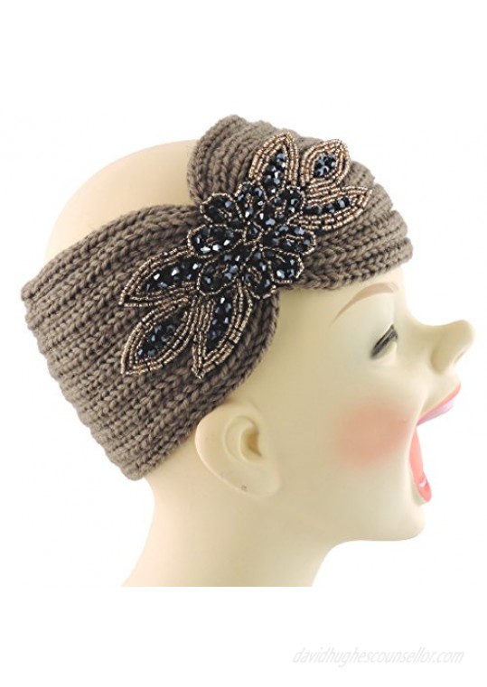 Silver Fever Women Chunky Knitted Headband Hair Band Head Wrap Earmuff (Brown with Sequenced Floral)