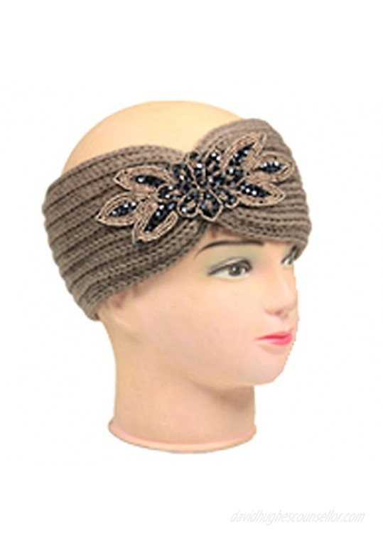 Silver Fever Women Chunky Knitted Headband Hair Band Head Wrap Earmuff (Brown with Sequenced Floral)