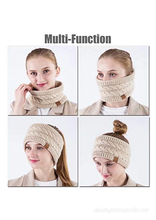 Winter Wool Headband For Women Warm Knit Thick Fleece Lined Ear Warmer Muffs Head Wrap Messy Bun Ponytail Beanie By Alepo (Confetti Burgundy)