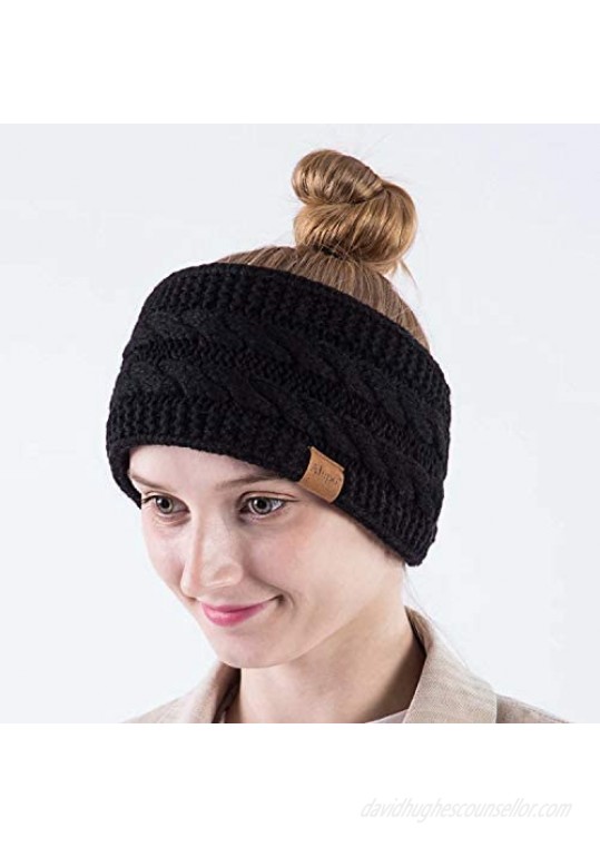 Winter Wool Headband For Women Warm Knit Thick Fleece Lined Ear Warmer Muffs Head Wrap Messy Bun Ponytail Beanie By Alepo (Black+Burgundy)